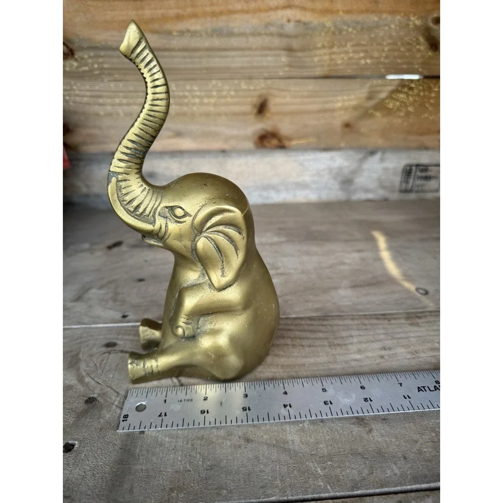 Vintage Solid Brass Elefant Hollywood Regency‎ Ornate Statue Lucky Trunk Up
